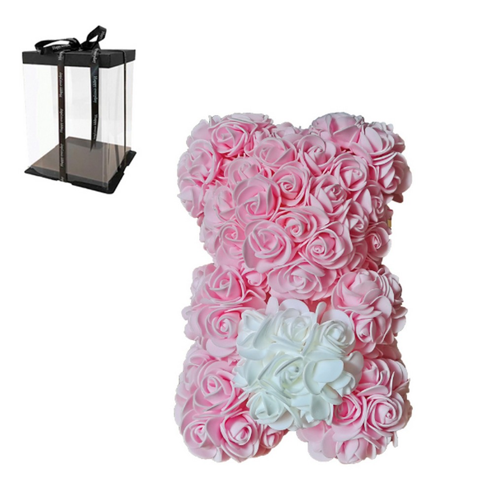ROSE BEAR 25cm - ΑΡΚΟΥΔΑΚΙ ΑΠΟ ΡΟΖ ΤΡΙΑΝΤΑΦΥΛΛΑ ΜΕ ΑΣΠΡΗ ΚΑΡΔΙΑ ΣΕ ΠΟΛΥΤΕΛΗ ΣΥΣΚΕΥΑΣΙΑ ΔΩΡΟΥ